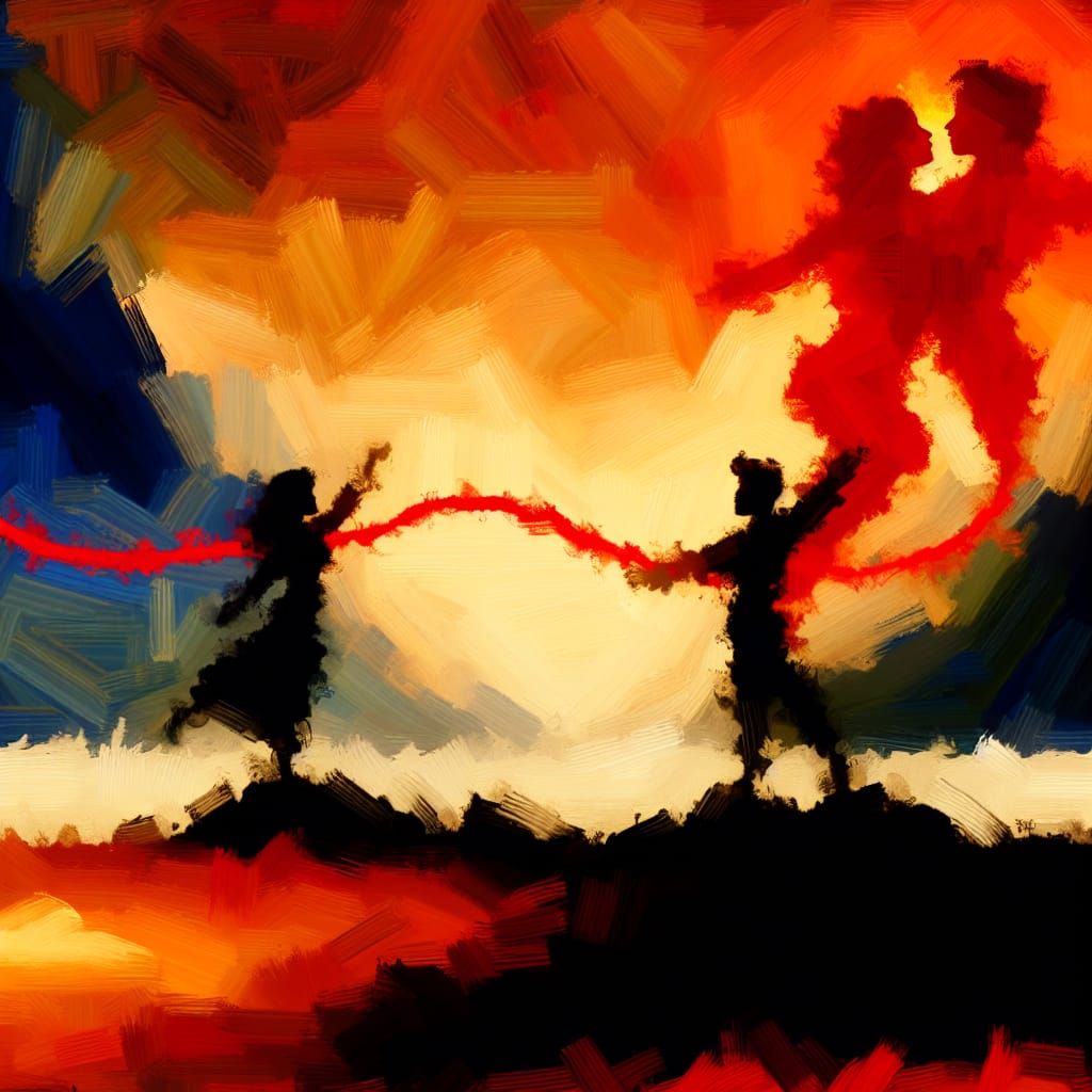 Romantic Silhouettes Connected by Red String: Impasto Painti...