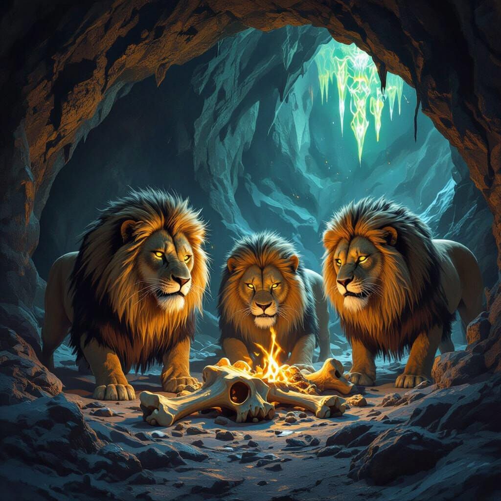 Cave Lions Feast on Mammoth Bones in Glowing Cavern