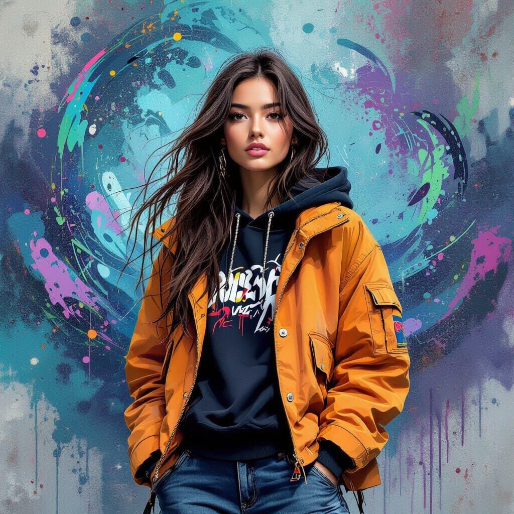 Trendy Young Woman in Streetwear Amidst Abstract Swirls