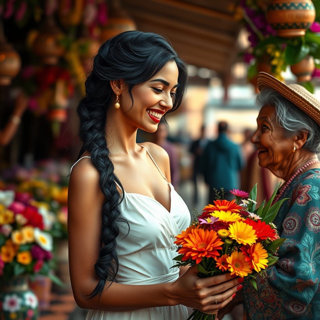 Spanish Beauty Shops for Flowers in a Vibrant Market Scene