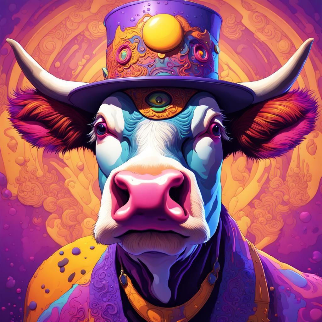 Psychedelic Cow in Hat, Dark Fantasy Concept Art