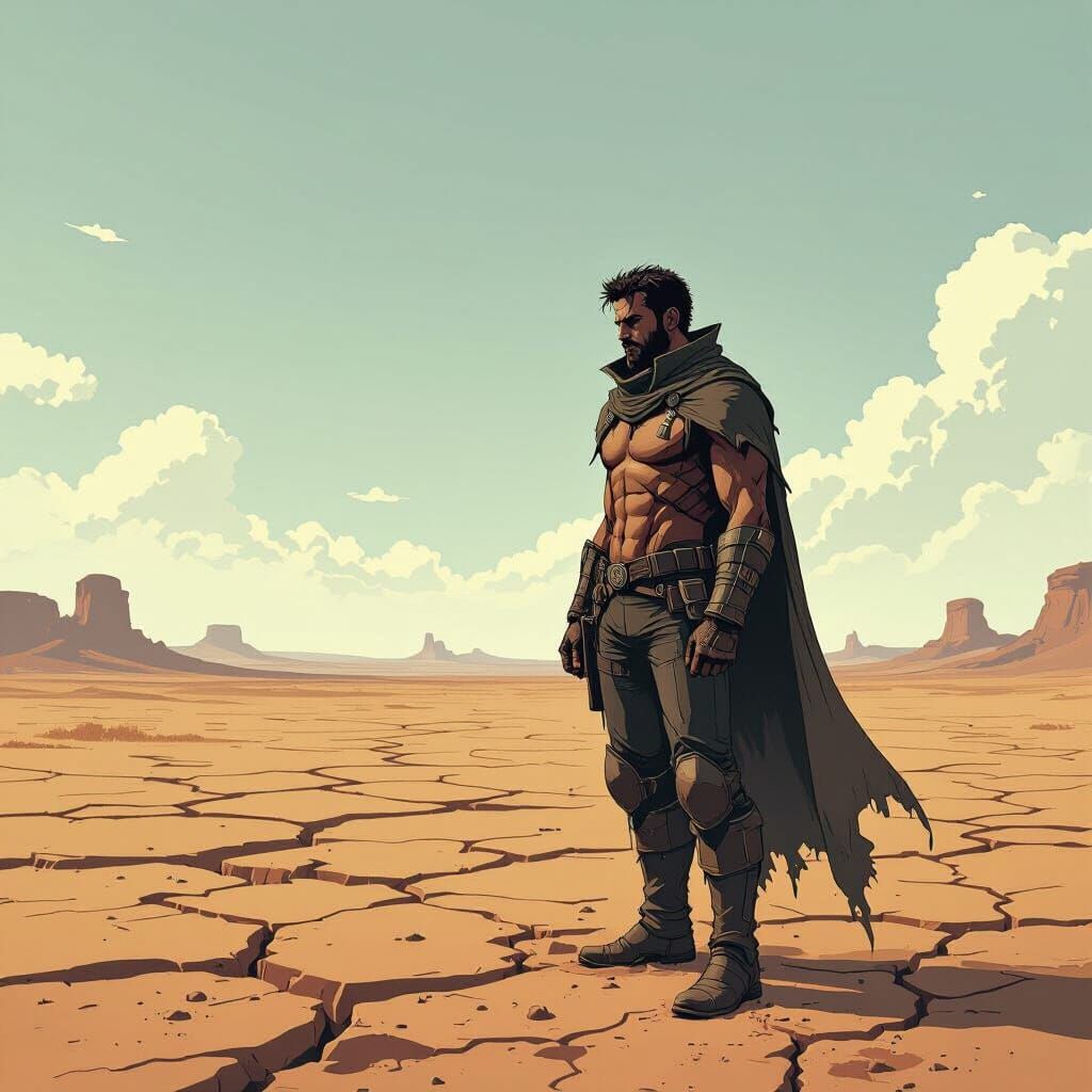 Weathered Hero in Desolate Field, Cel-Shaded Style