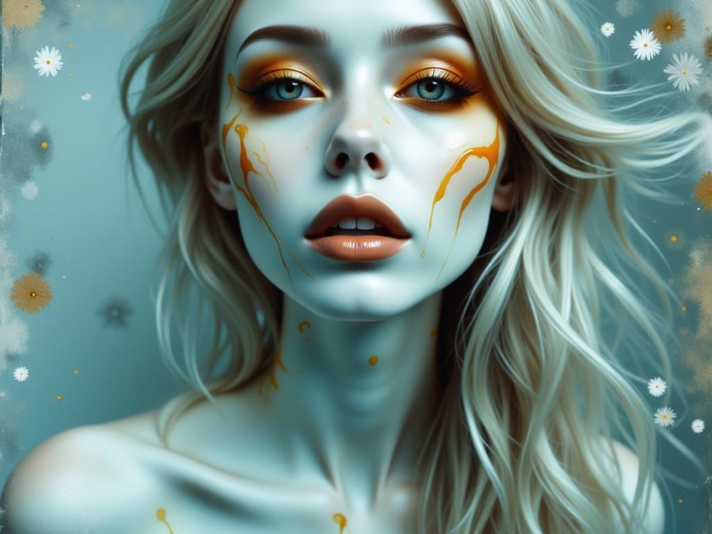 Ethereal Woman in Grey, White, Teal, and Amber