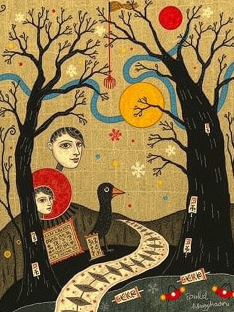 Whimsical Naive Folk Art Scene