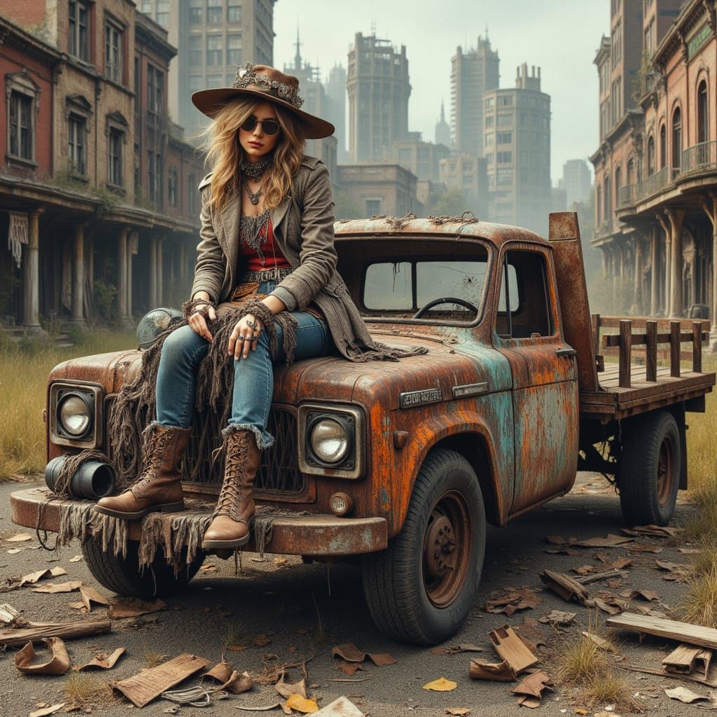Post-Apocalyptic Woman in Rusting Ford Slows Down