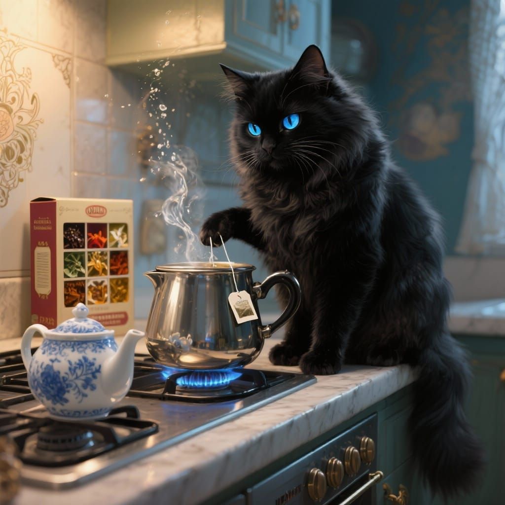 Persian Cat Prepares Gourmet Tea With Blue Eyes