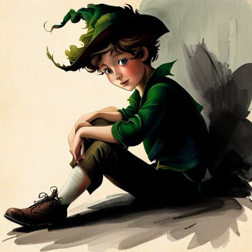 Peter Pan Sewing Shadow, Gouache Impasto Illustration