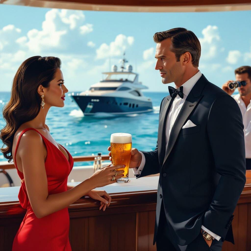 James Bond in Beach Bar With Woman and Yacht Spy