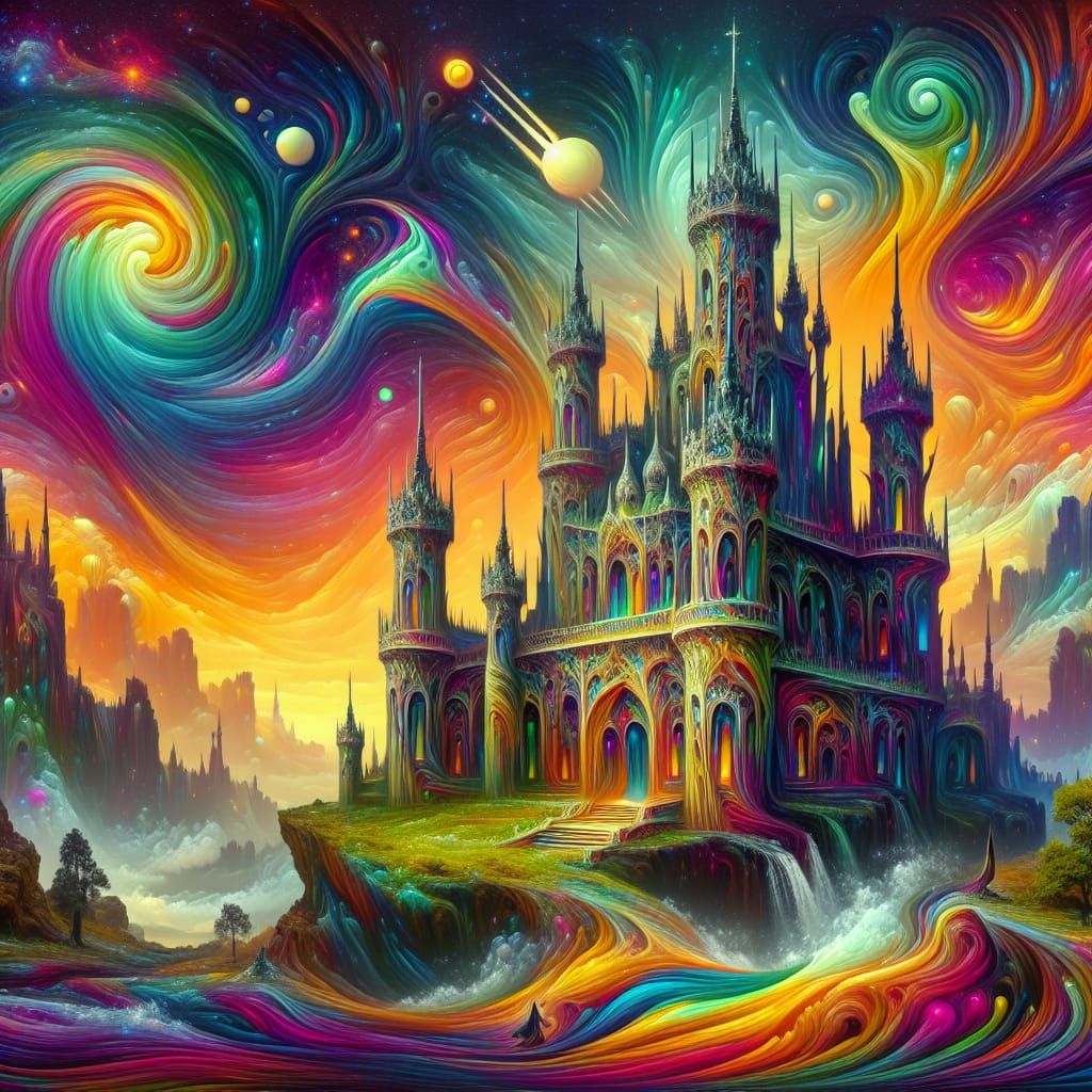 Psychedelic Fantasy Castle in Hallucinogenic Hues
