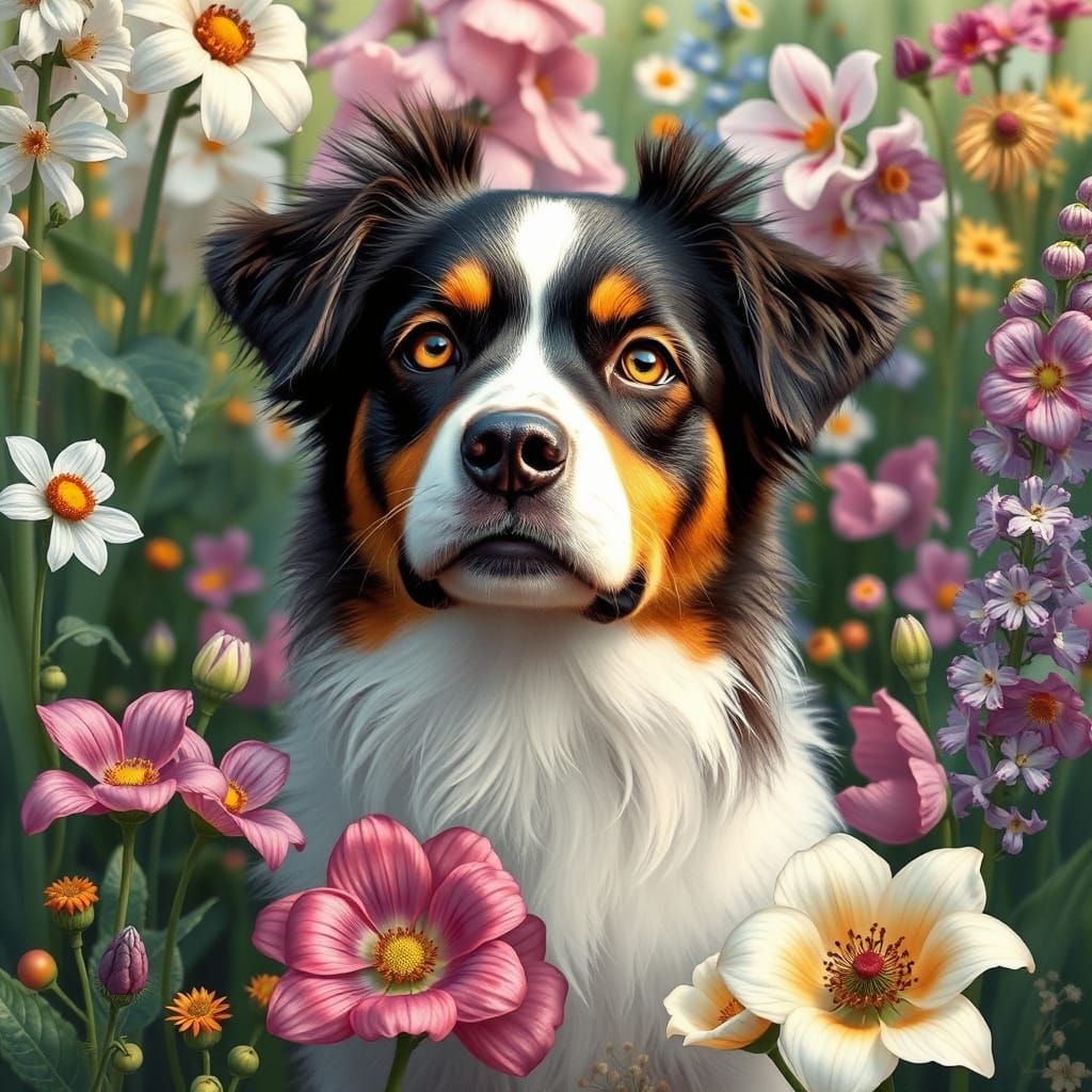 Iridescent Dog with Turquoise Eyes in Dream Garden