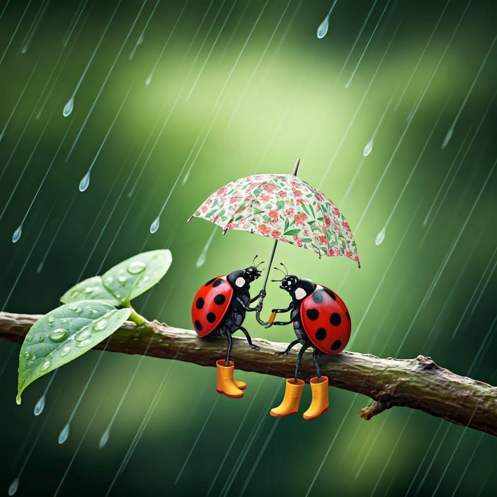 Ladybugs in Whimsical Rainy Scene Illustration