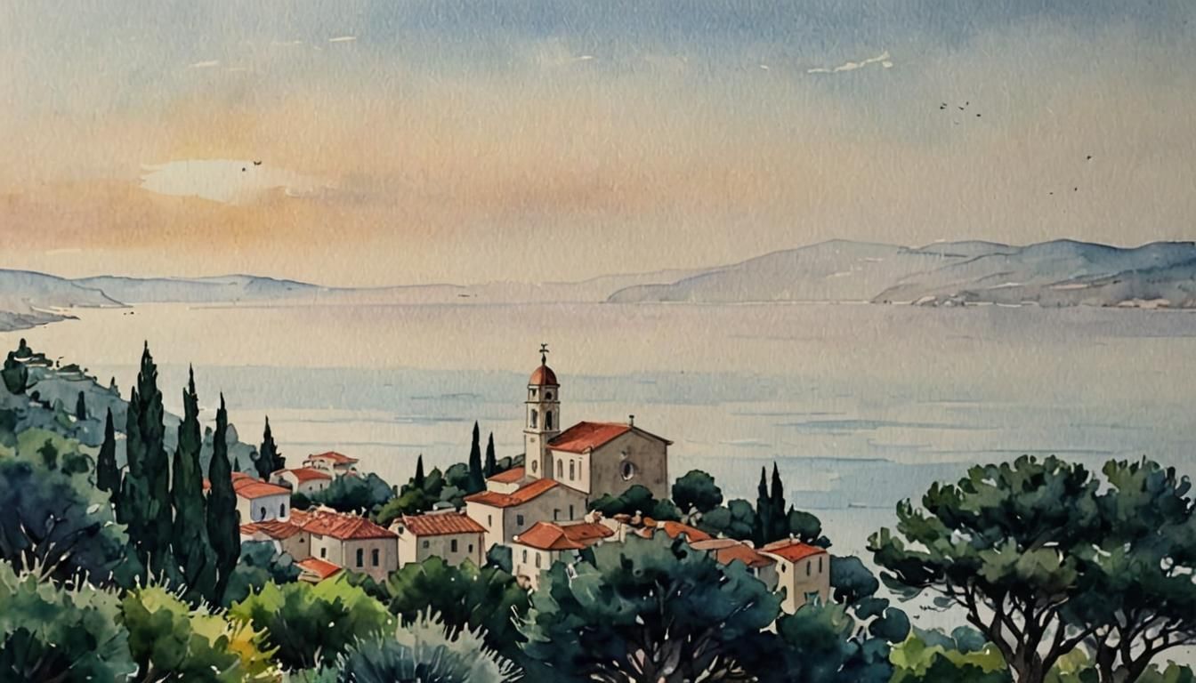 Adriatic Sea Watercolor Painting with Church Tower
