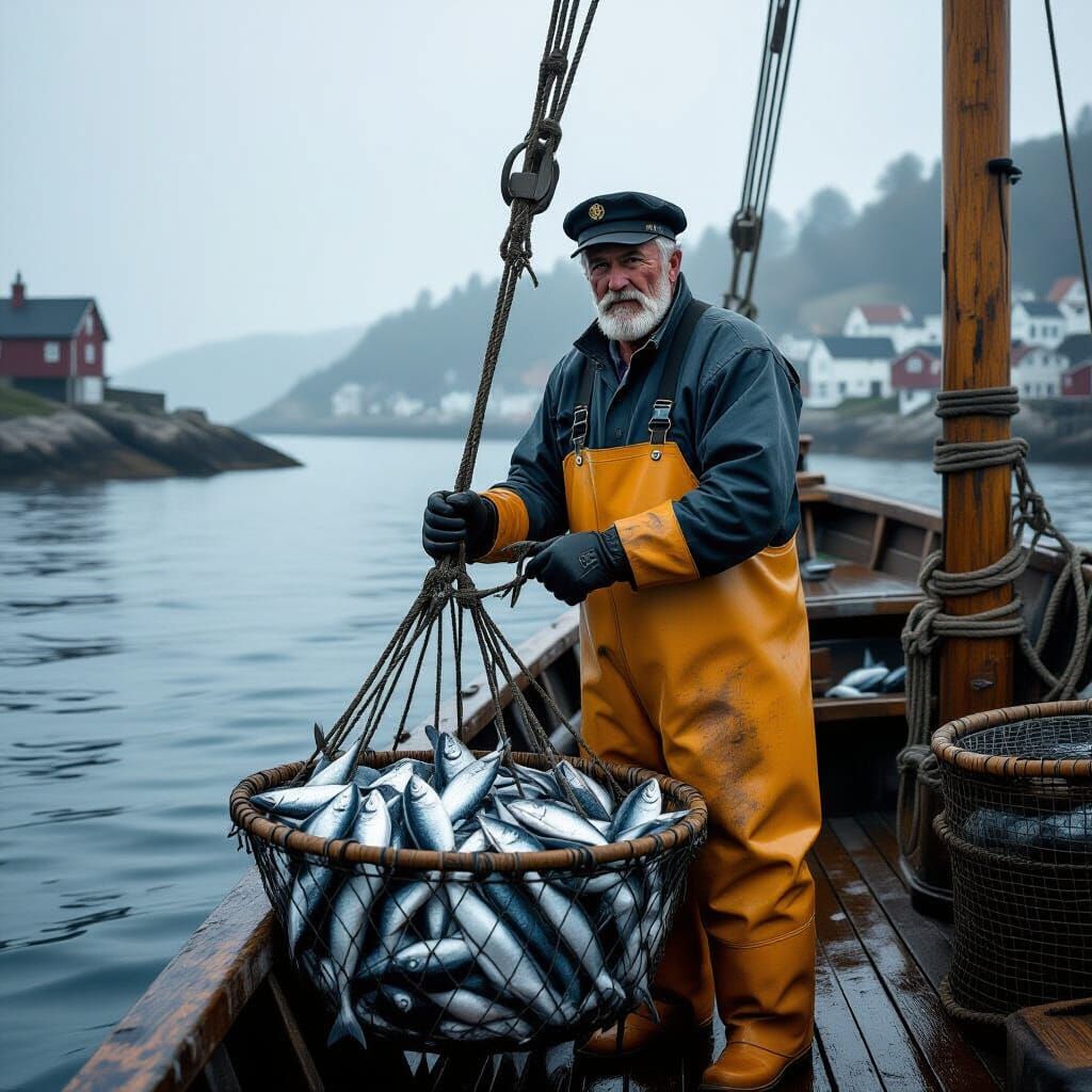 Fisherman Hauling Net in Rustic Realism Style