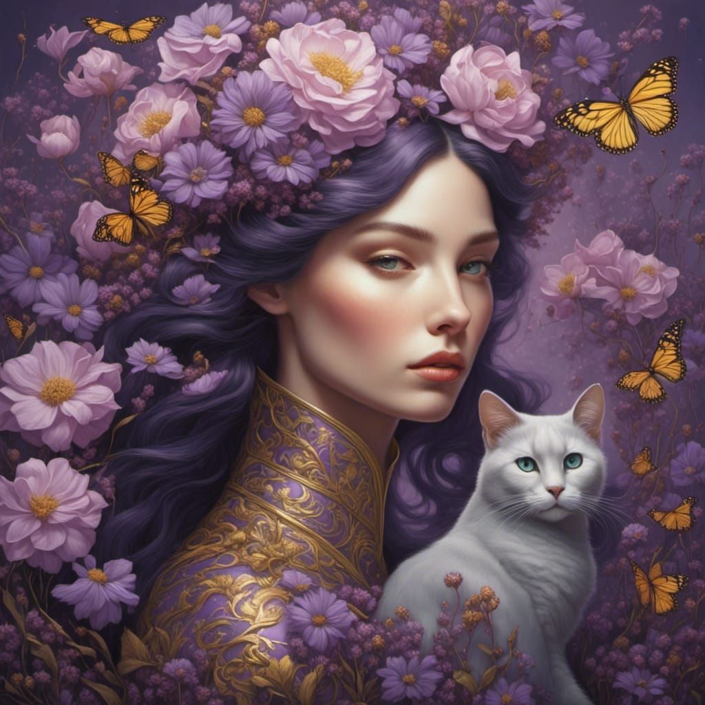 Fantasy Woman with Cat in Floral Gold Setting