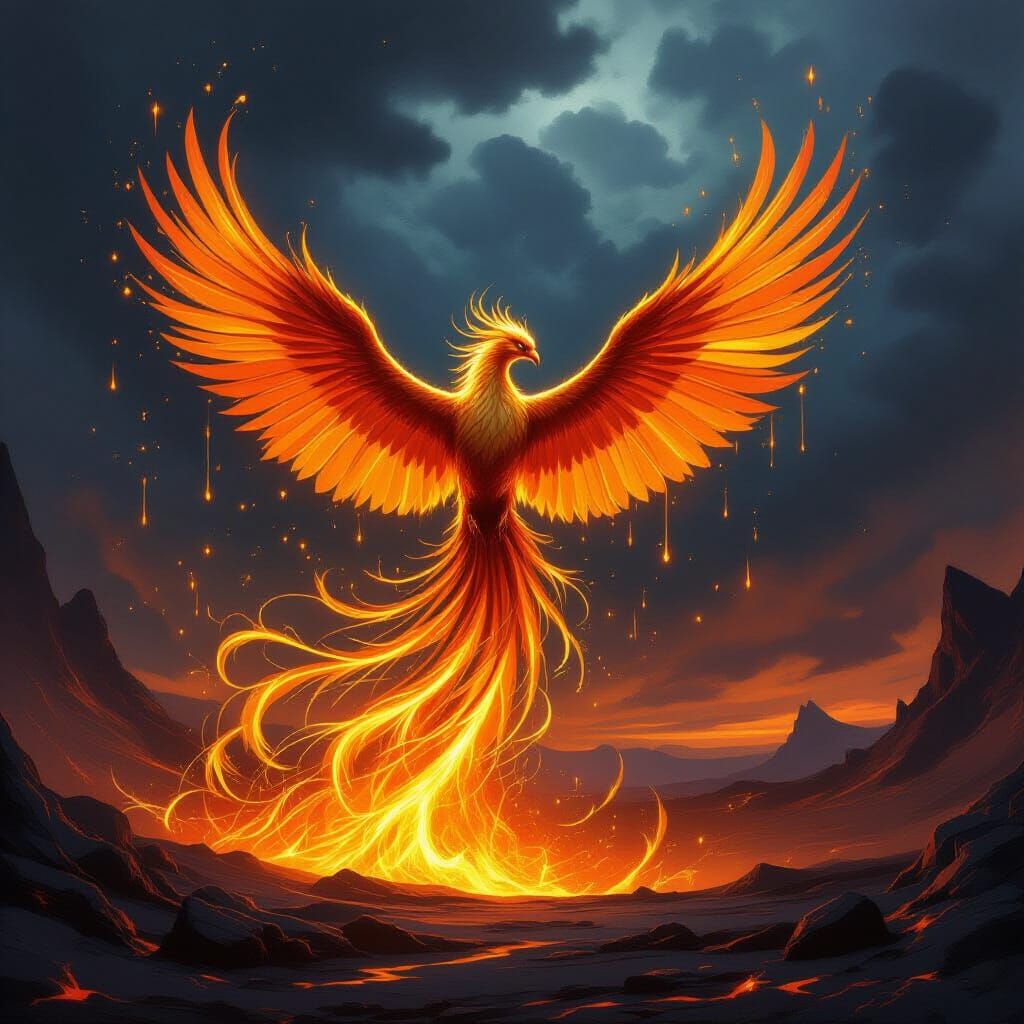 Majestic Phoenix Rises from Molten Gold Vortex
