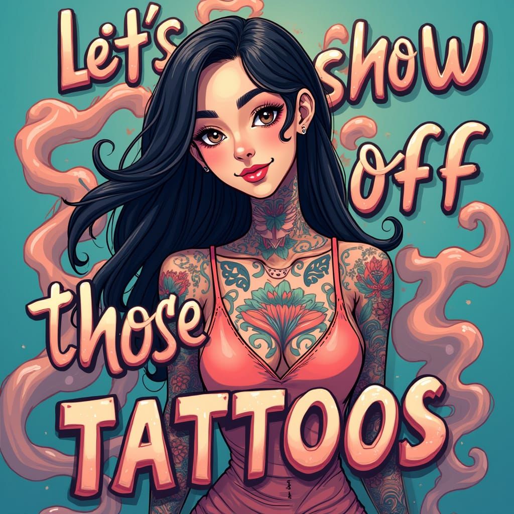 Tattooed Woman in Dreamy, Eerie Landscape with Bold Letterin...