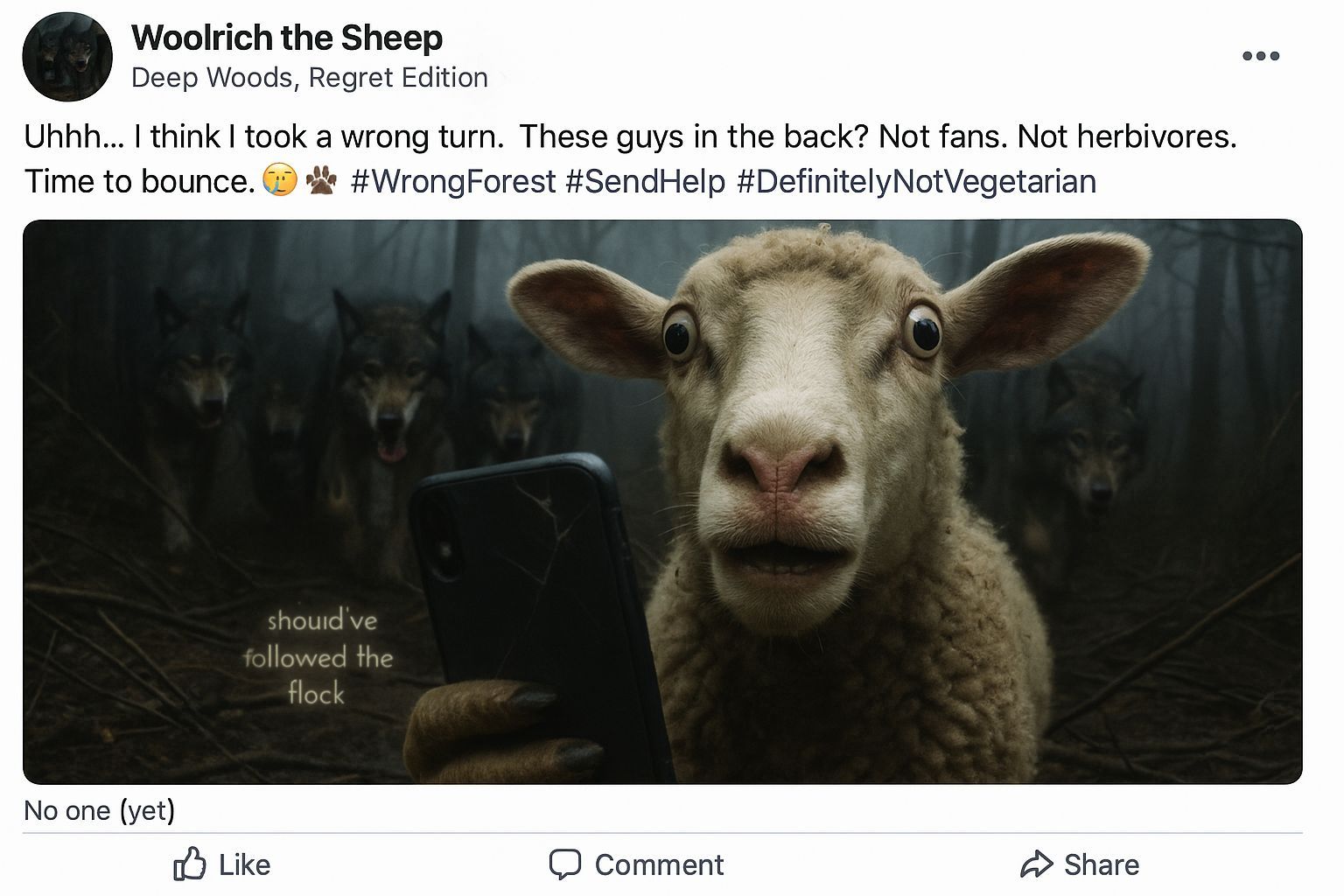Terrified Sheep Selfie in Deep Woods