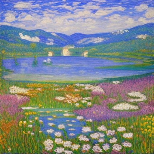 Scenic Lakeside View in Neo-Impressionist Style