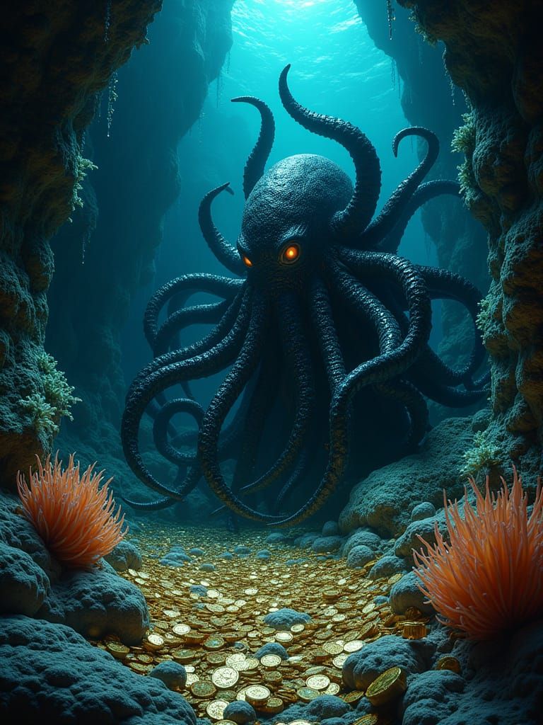 Majestic Glass Cthulhu Surrounded by Pirate Treasure in an U...