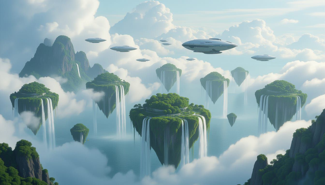 Floating Islands with Waterfalls and Futuristic Airships