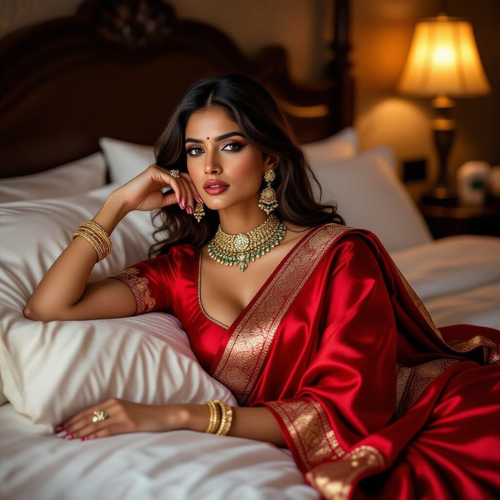 Confident Indian Model in Red Saree on Luxurious Bed