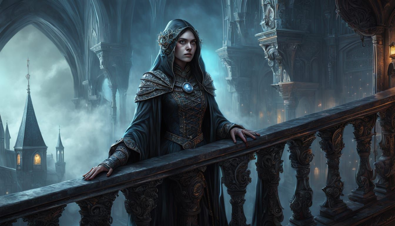 Mystical Wizard Woman Gazing at Stars in Gothic Art