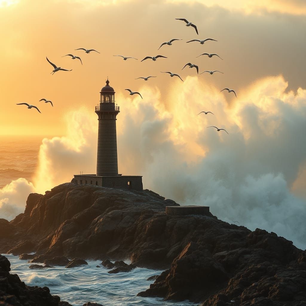 Dramatic Lighthouse Scene at Sunset in Hyperrealism