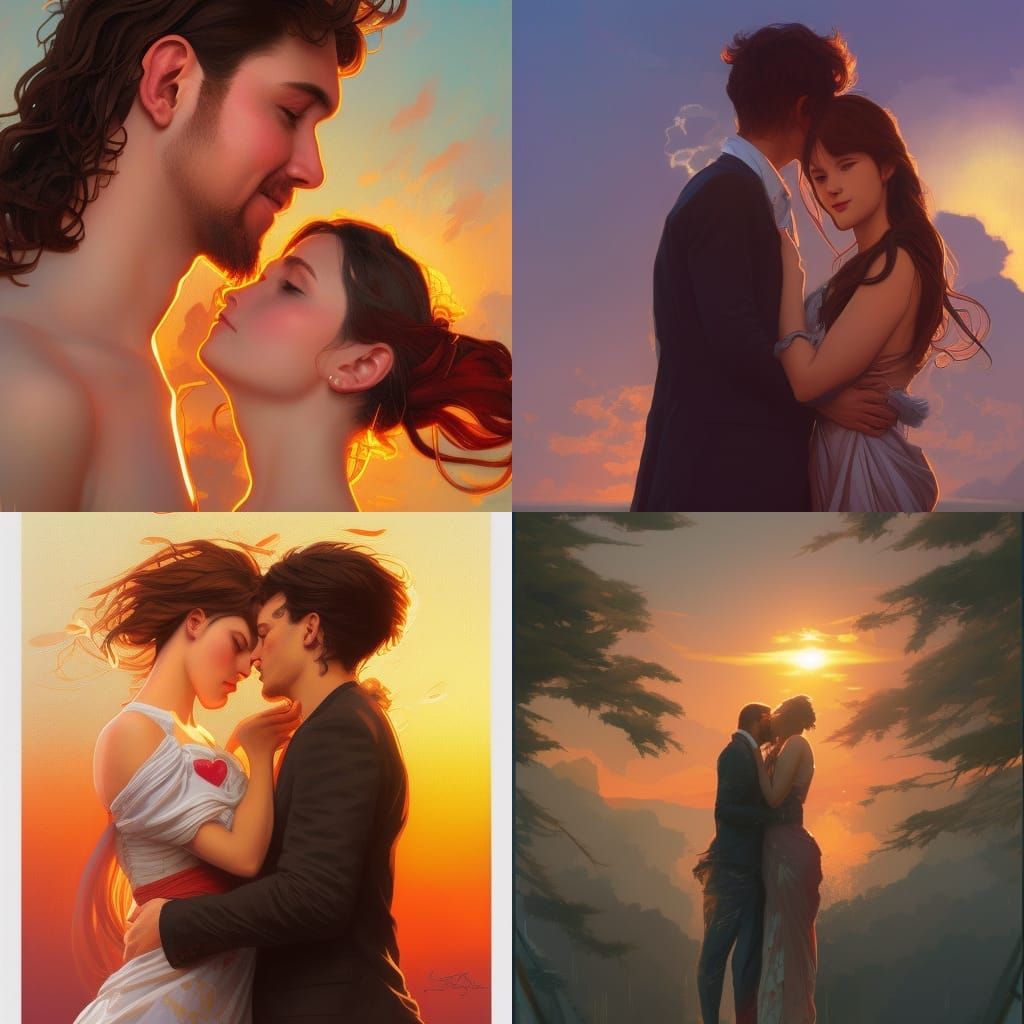 Valentines Love: Couple at Sunset in Detailed Art