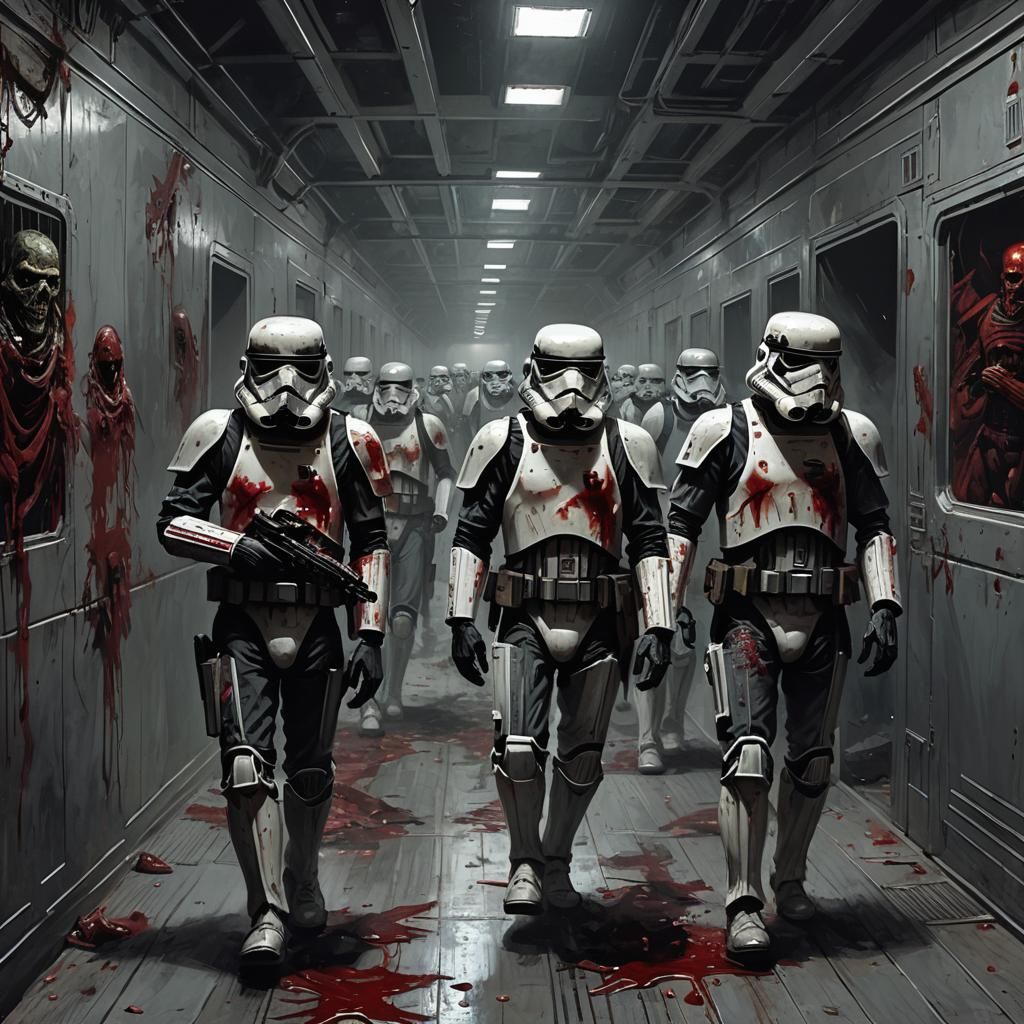 Zombie Stormtroopers in Starship Hallway: Horror Art