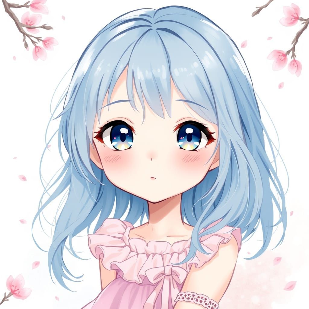 Girl with Ethereal Light Indigo Hair in Anime-Inspired Setti...