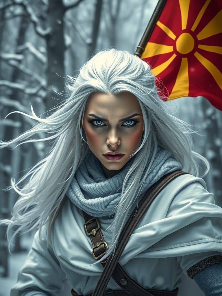 Evil White-Haired Warrior Waving Macedonian Flag