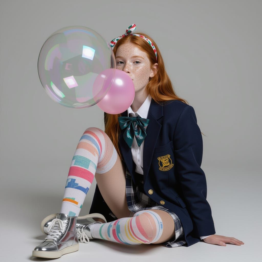 Ginger Teen Blowing Giant Bubblegum Globe
