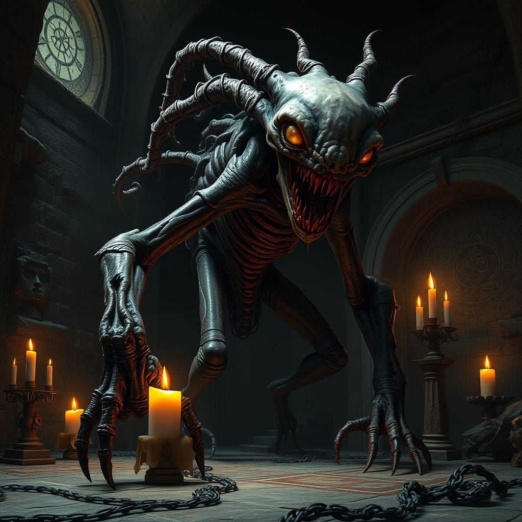 Ethereal, Biomechanical Horror Unveiled in Candlelit Sanctum