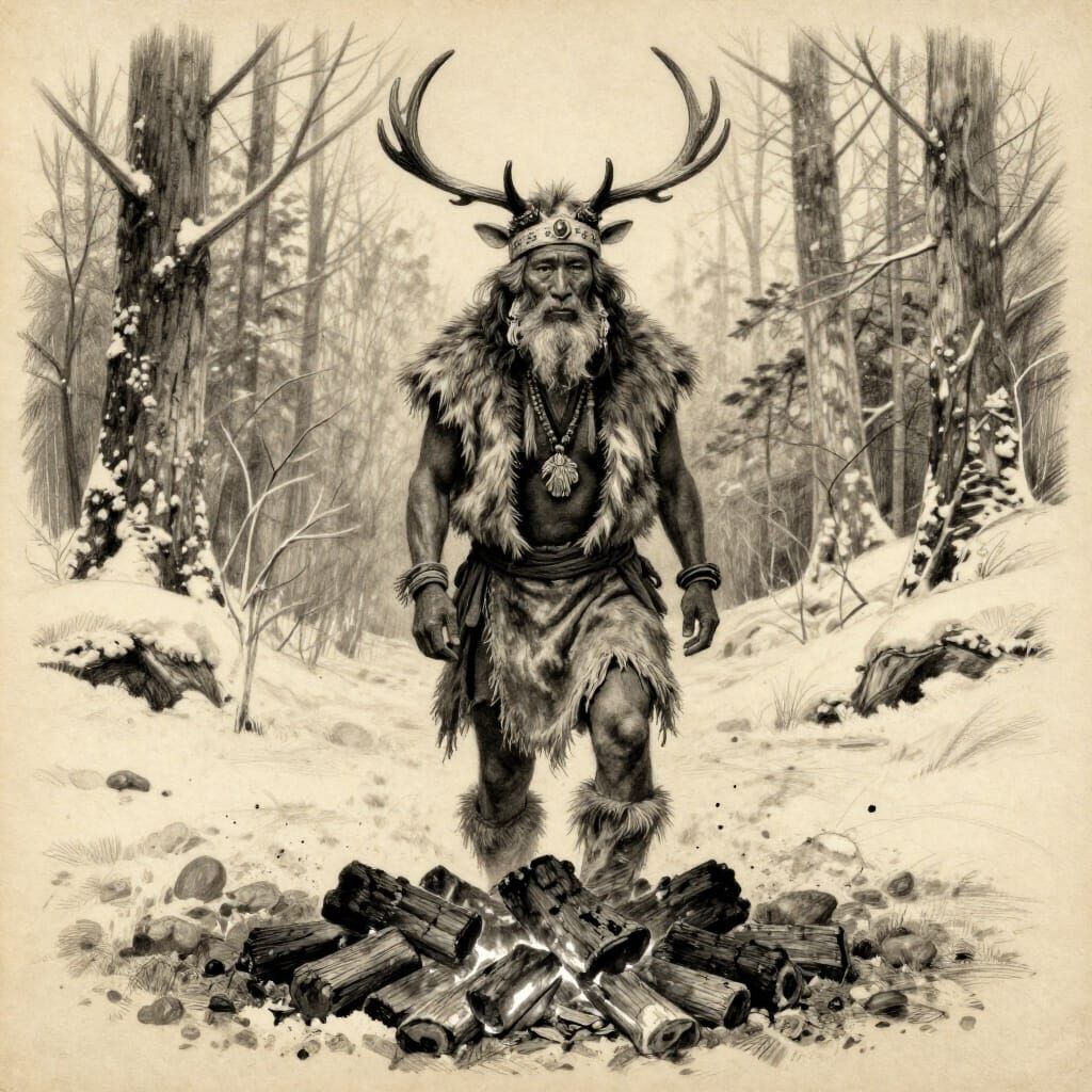 Tribal Elder in Antler Headdress on Coals in Snowy Forest