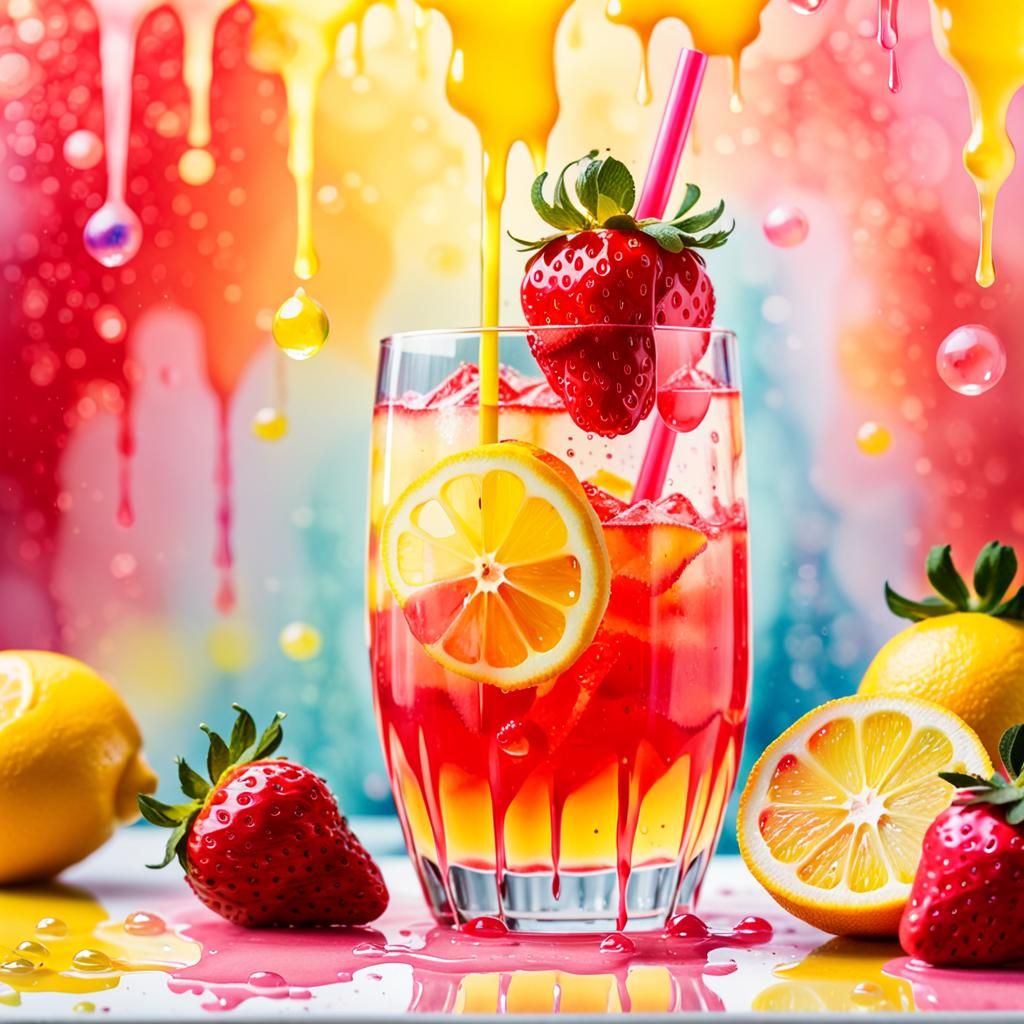 Colorful Glass of Strawberry Lemonade in Watercolor Paint St...
