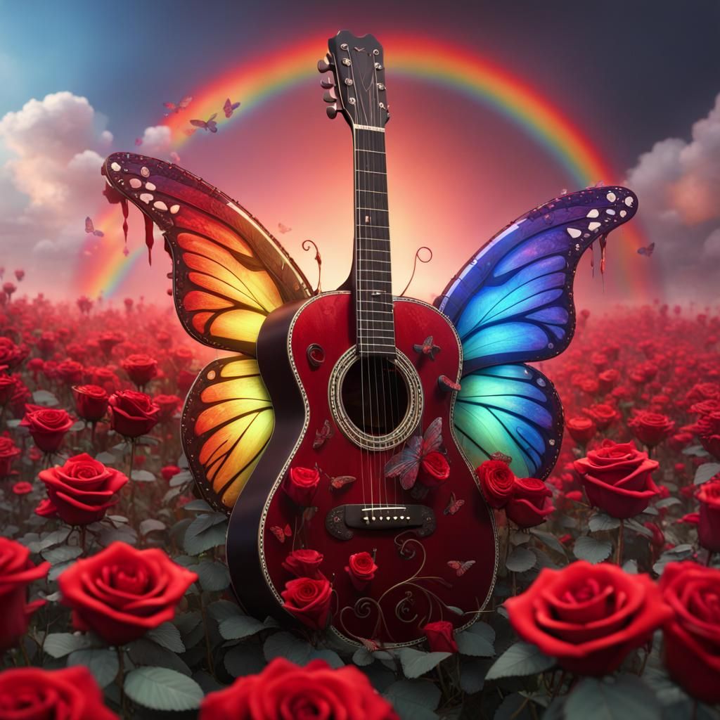 Butterfly Wing Guitar in Rose Field: Fantasy Art