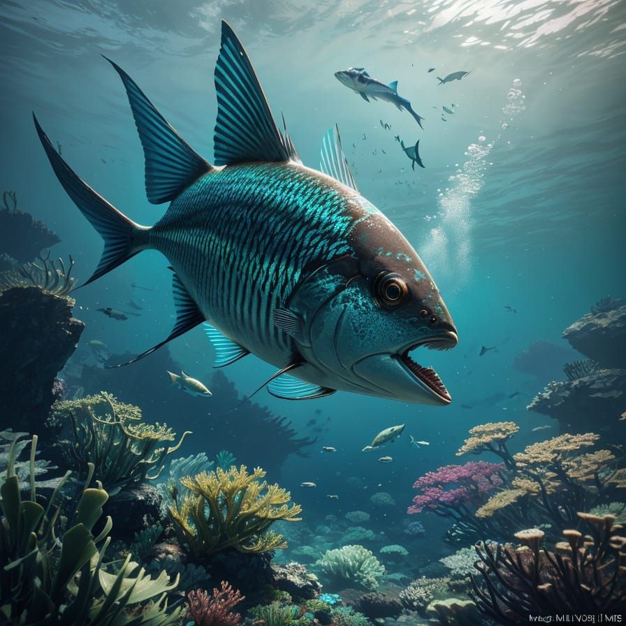 Flying Fish Underwater in Hypermaximalist Style