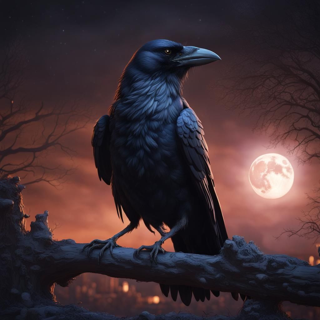 Crow Gazing at Moon: Detailed Fantasy Concept Art
