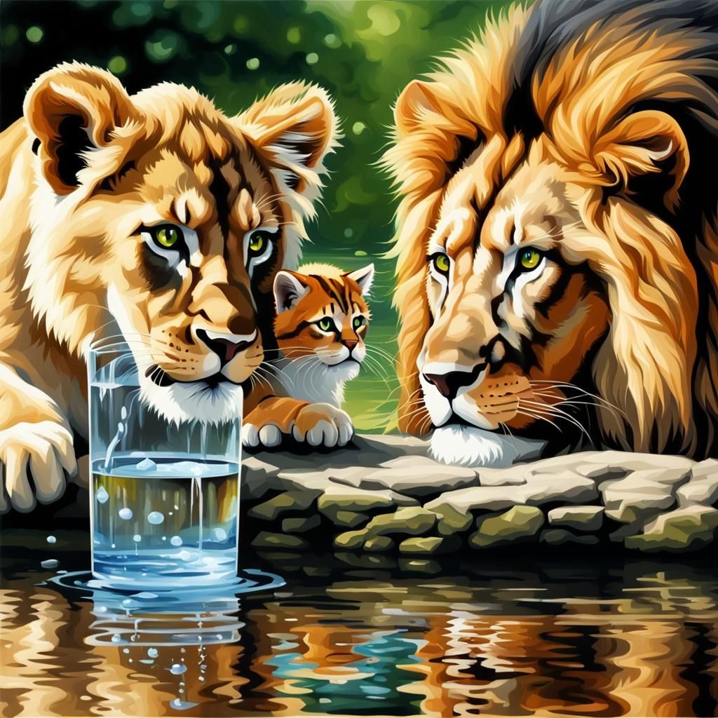 High detailed lion drinking water and a little kitten in the...