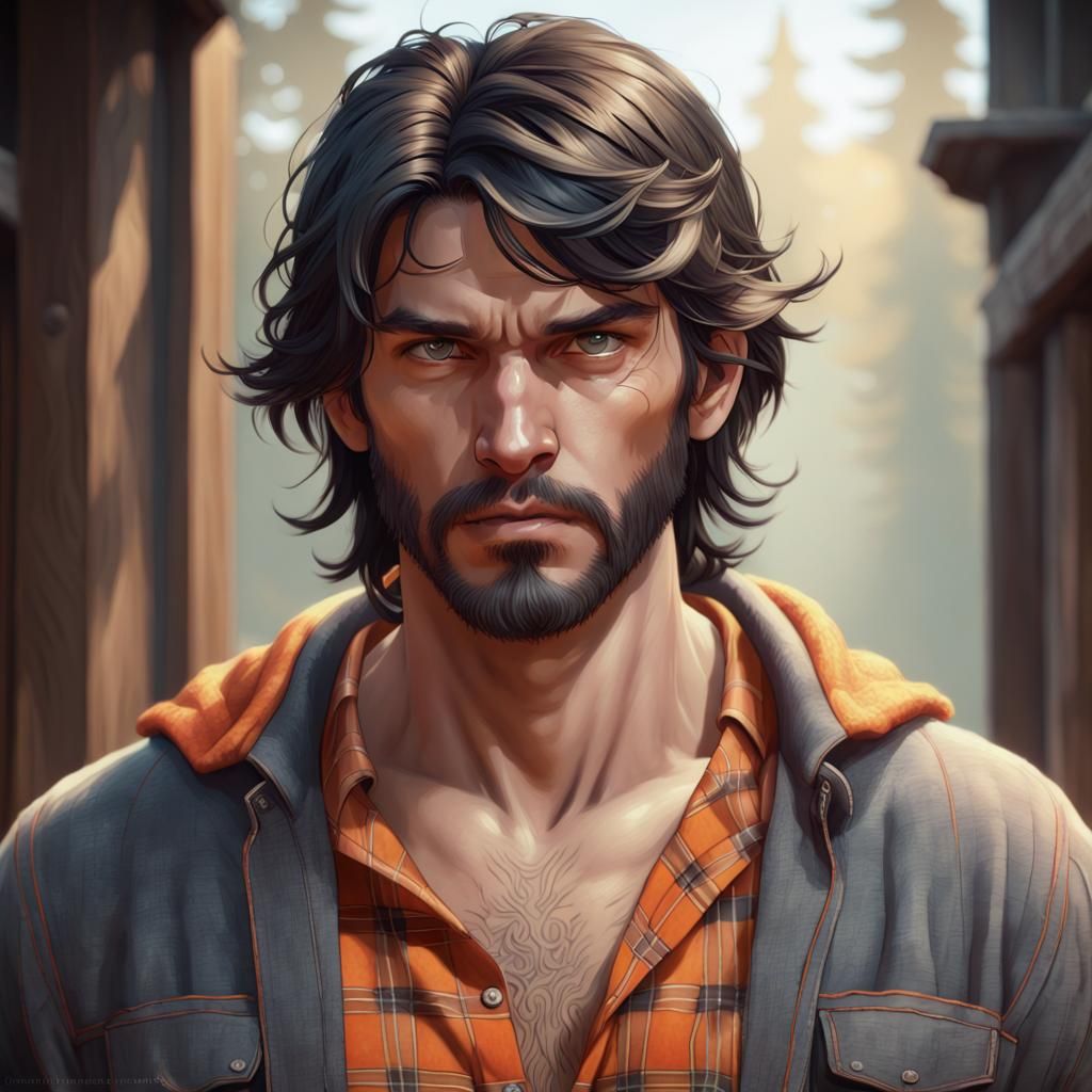 Stern Man in Orange Flannel: Hyperdetailed Portrait