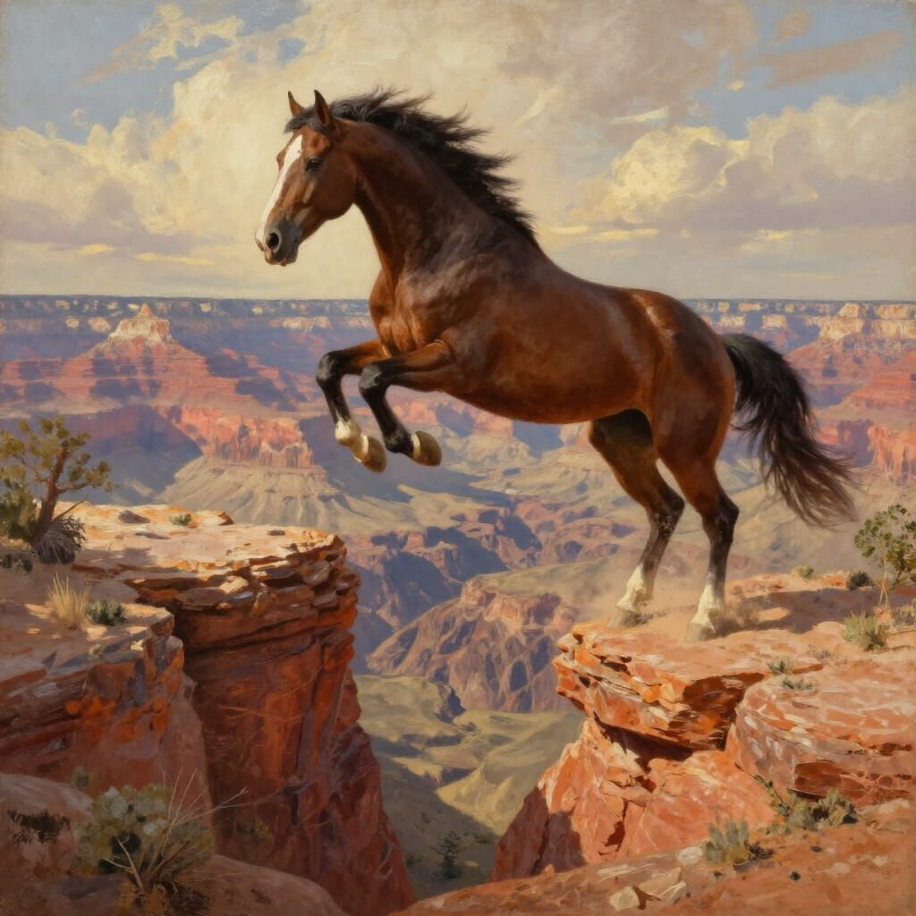Mustang Leaps Grand Canyon Ravine in Textured Oil Painting S...