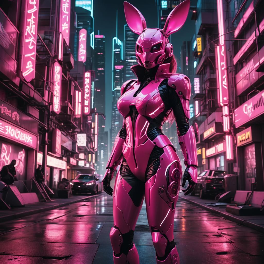 Cyberpunk Bunny Girl in Neon Cityscape