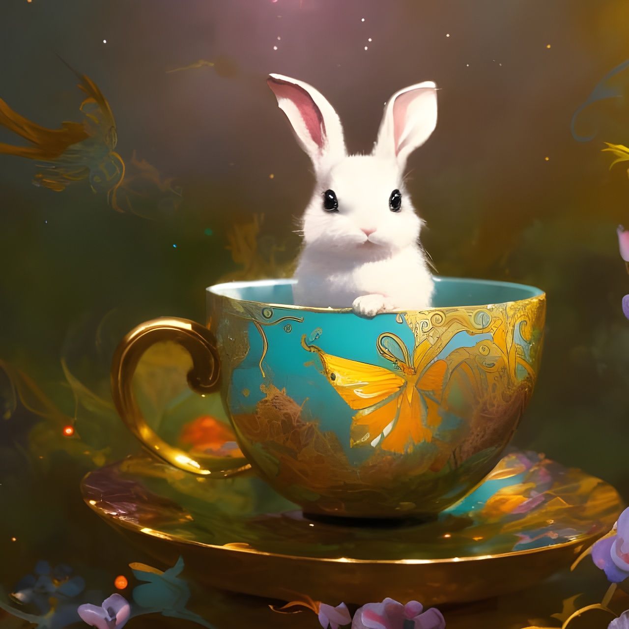 Adorable Bunny in Teacup: Hyperdetailed Gouache Illustration