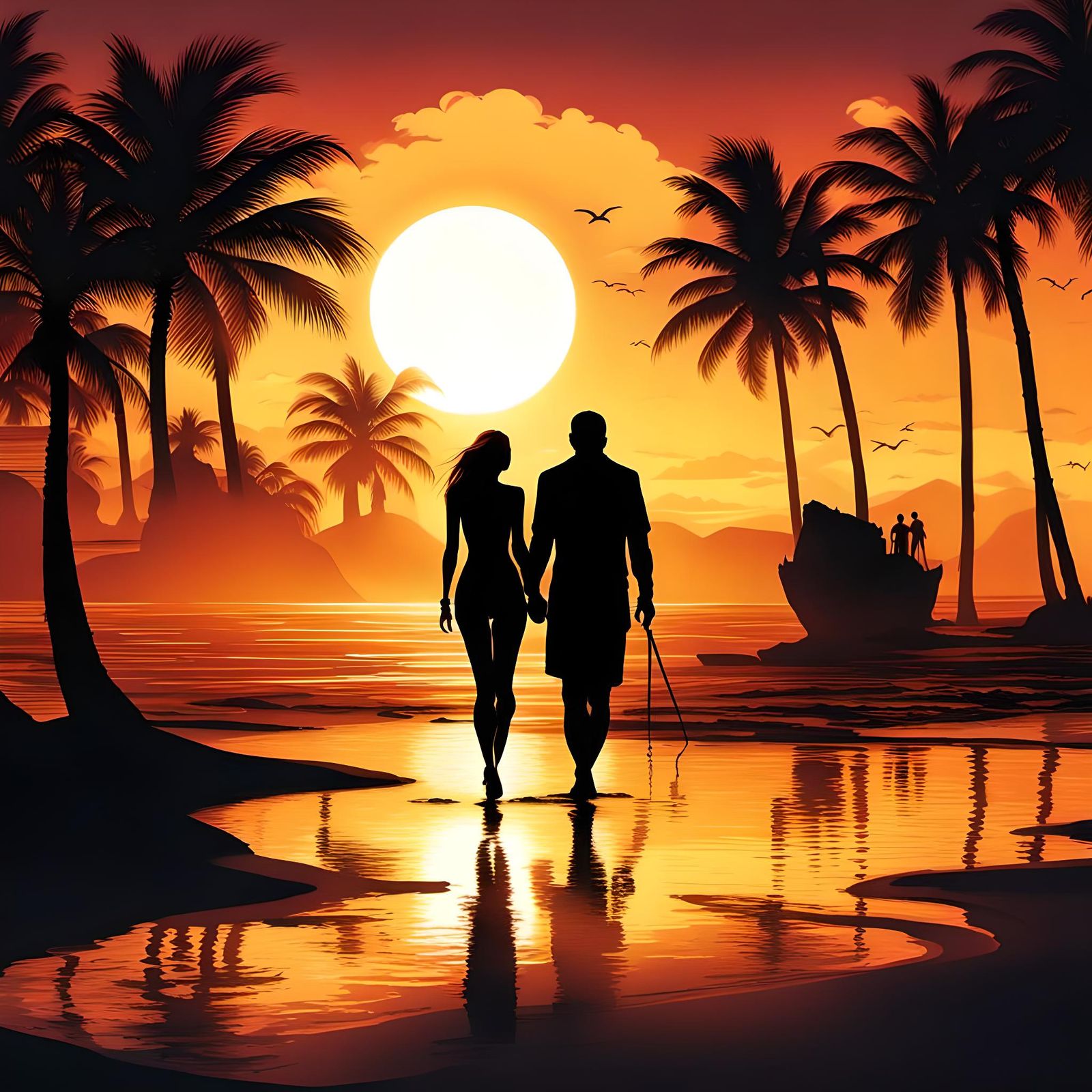 Silhouetted Couple Walking on Beach at Sunset