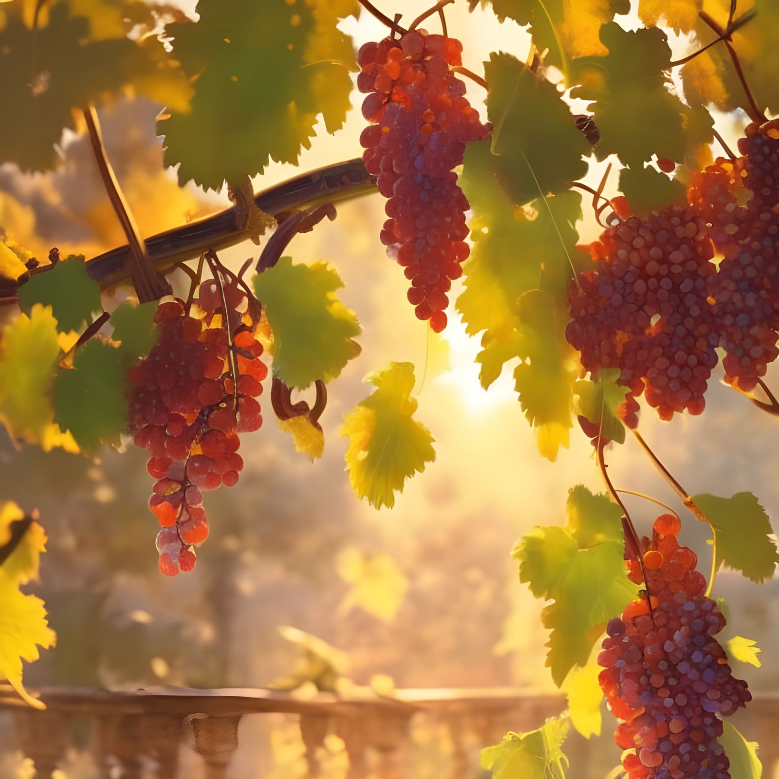 Red and White Grapes on Vine in Golden Hour