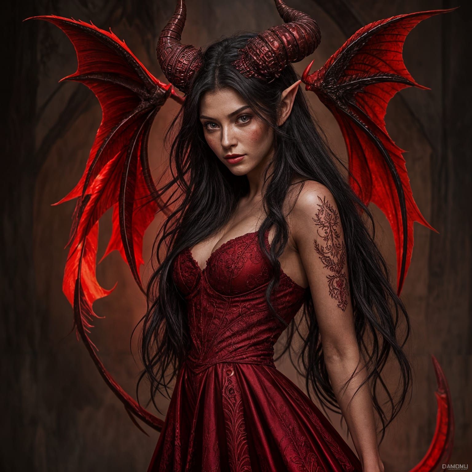 Female Devil with Black Hair in Dystopian Setting