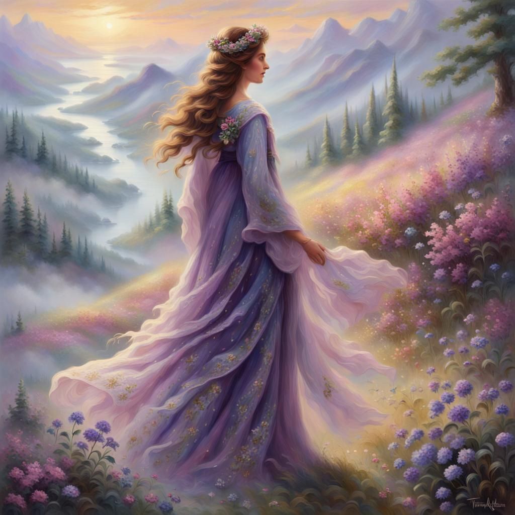 Ethereal Woman in Misty Landscape: Oil Painting