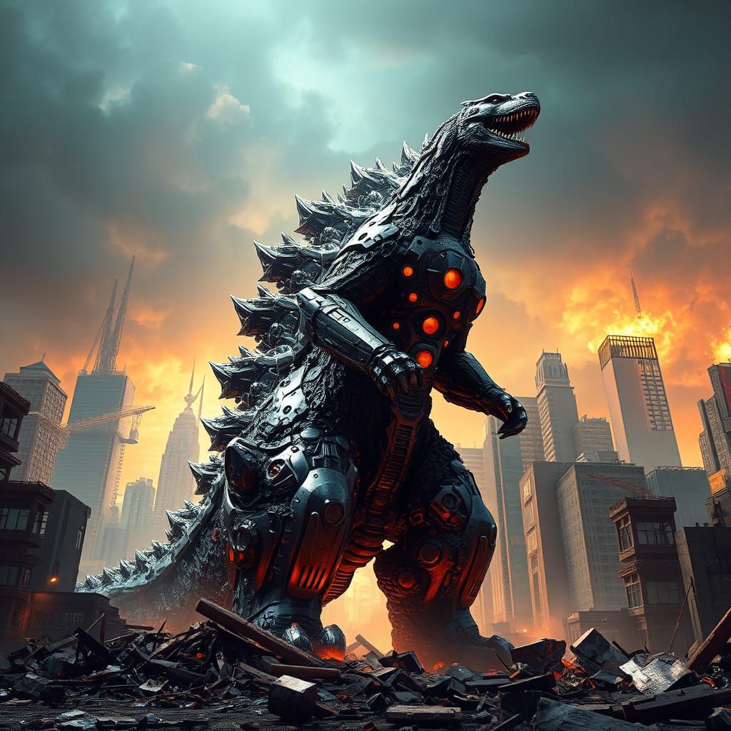 Cyberpunk Godzilla Dominates Ruined Cityscape
