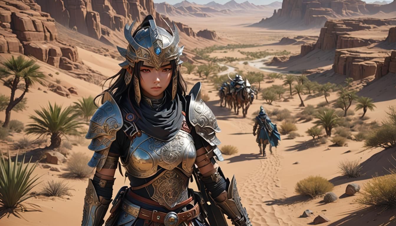 Ancient Metal Warrior in Desert Oasis: Anime Art