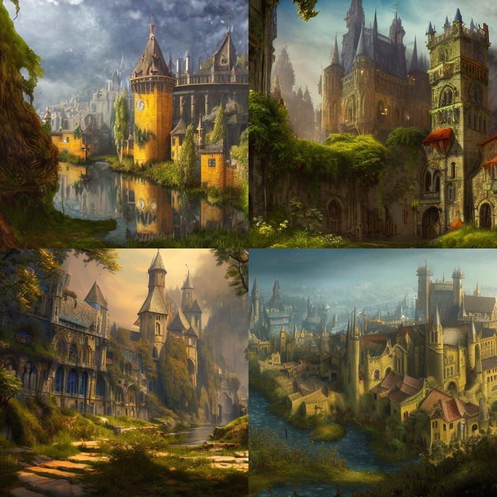 Medieval City Overgrown with Golden Vines and Moss